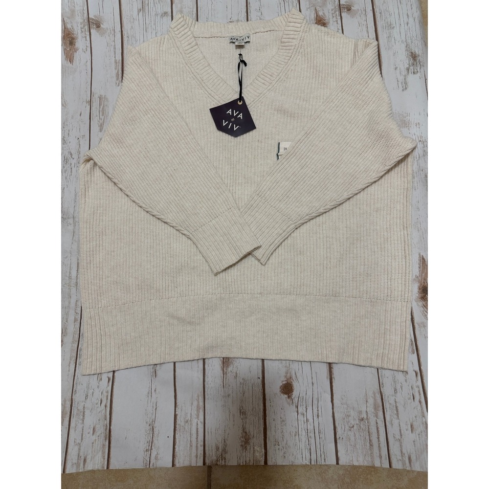 Ava & Viv Womens Cream V-Neck Ribbed Knit Oversized Pullover Sweater Size 2X NWT